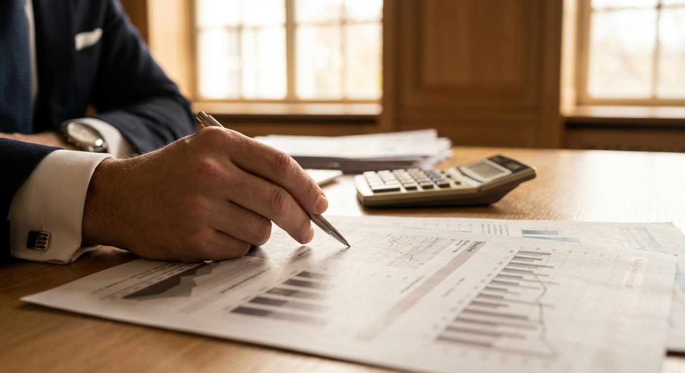 Une main pointant un document de prêt avec un stylo et une calculatrice.