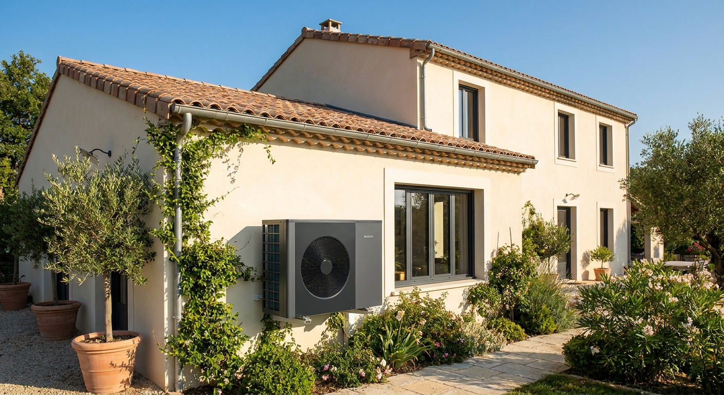 Une pompe à chaleur moderne installée sur une maison récemment rénovée.