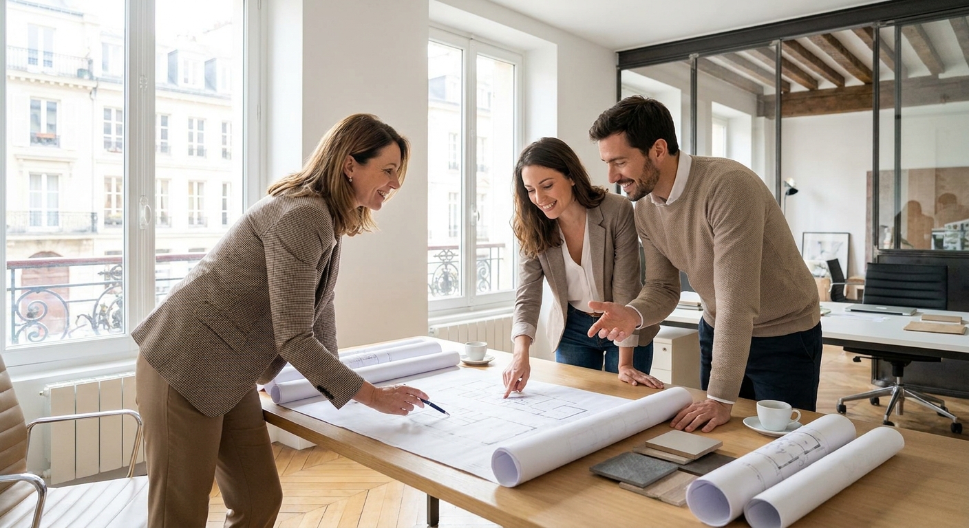 Une architecte discute d'un plan de rénovation détaillé avec un couple.