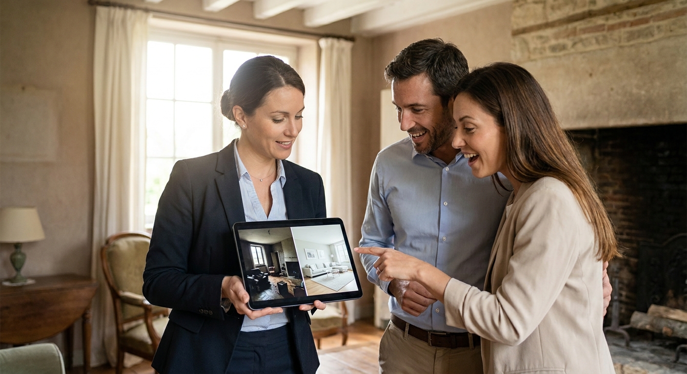 Un agent immobilier montrant des projections 'avant/après' d'un salon rénové sur une tablette à un couple