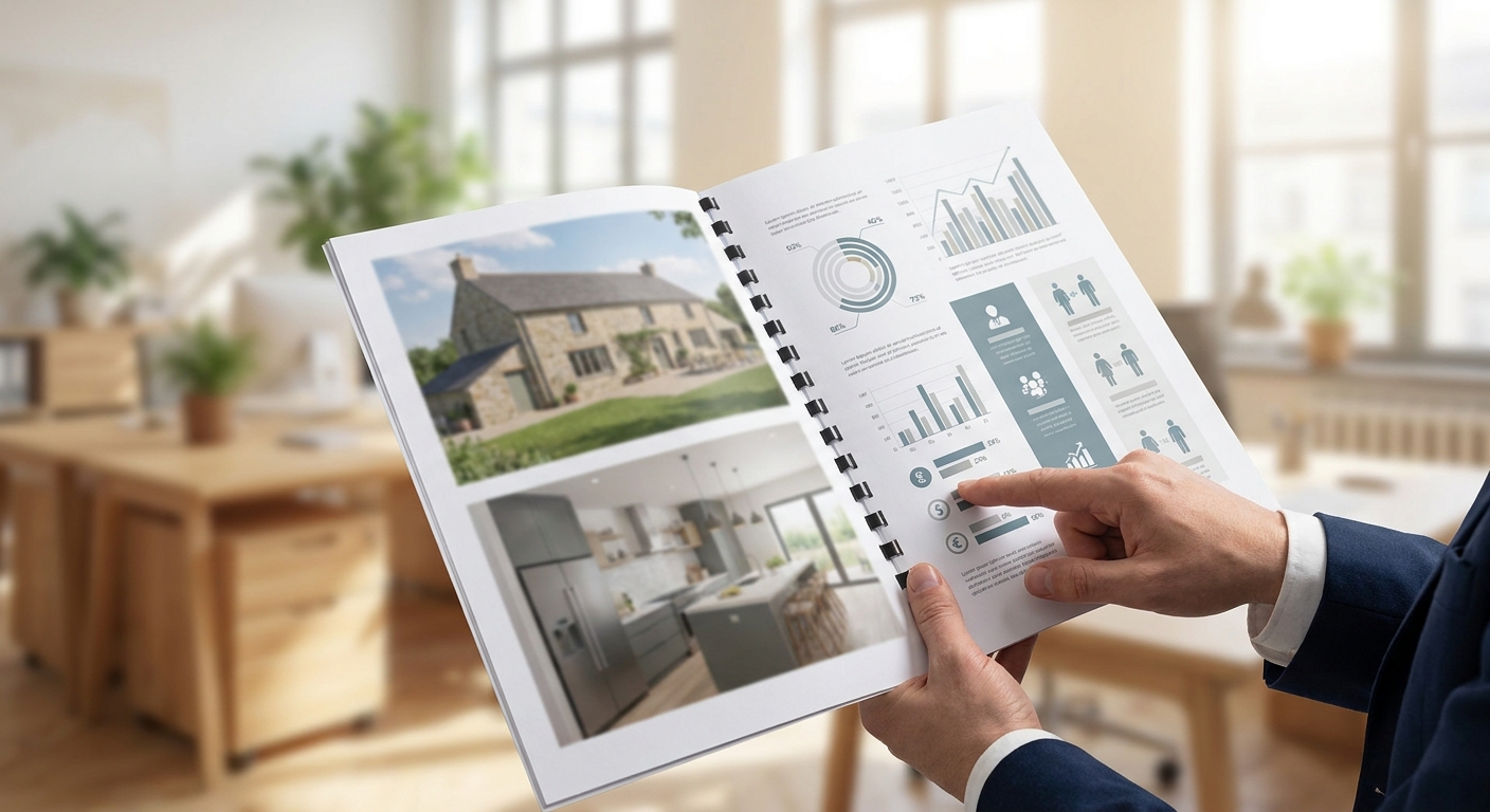 Gros plan sur un rapport PDF professionnel montrant des visuels de rénovation et des chiffrages détaillés