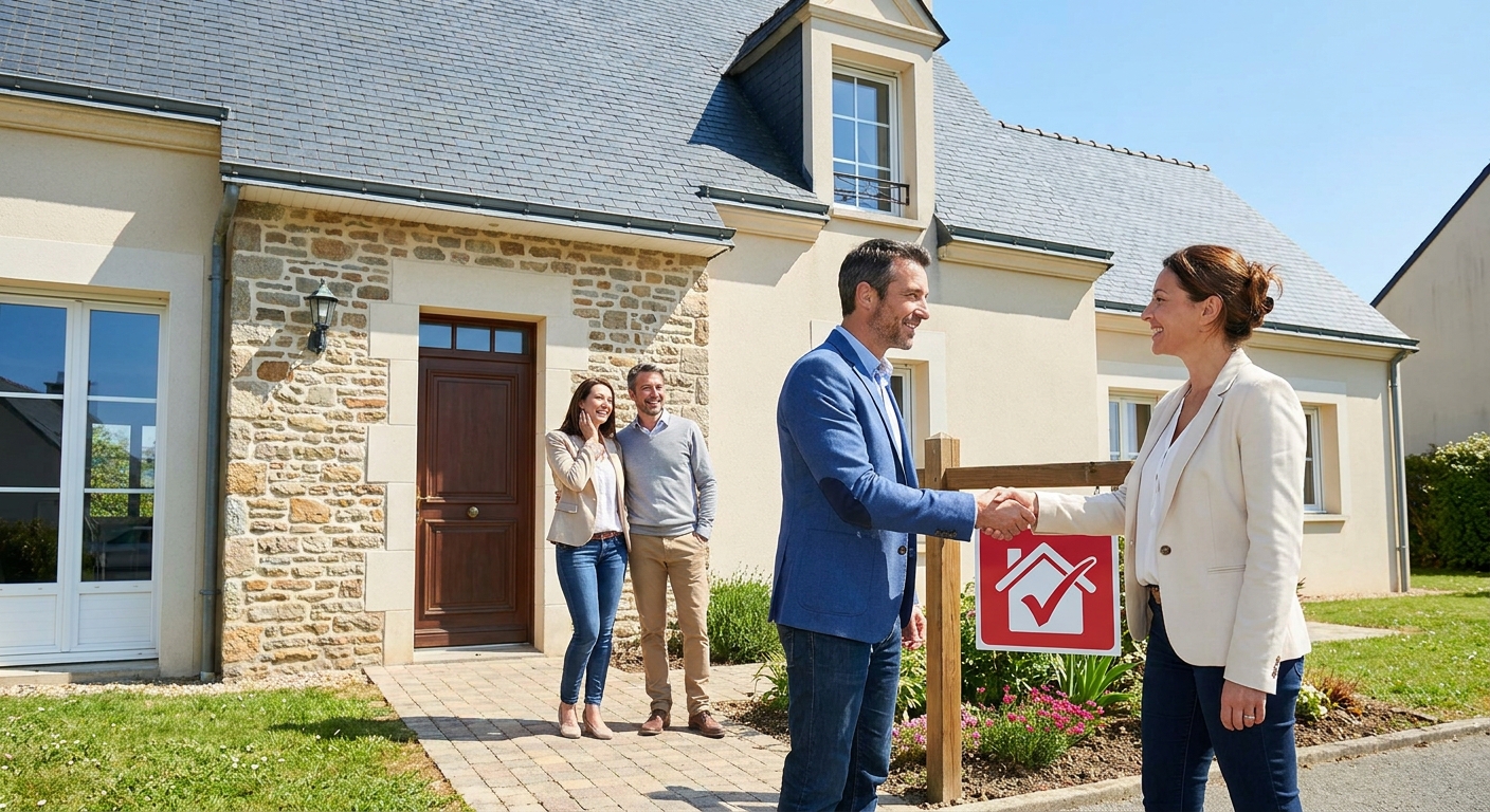 M. Martin et Mme Dubois se serrant la main devant la maison vendue, avec un panneau 'Vendu', le nouveau couple d'acheteurs en arrière-plan