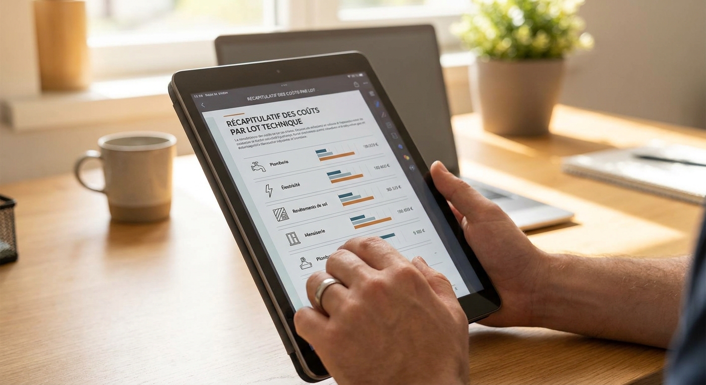 Rapport PDF professionnel détaillant les coûts de rénovation par lots techniques.