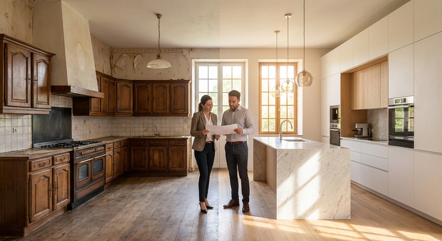 Visuel avant/après d'une cuisine en rénovation, illustrant la transformation.