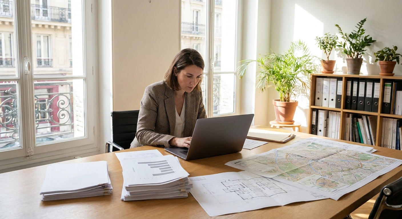 Agent immobilier préparant son argumentaire avec des études de marché.