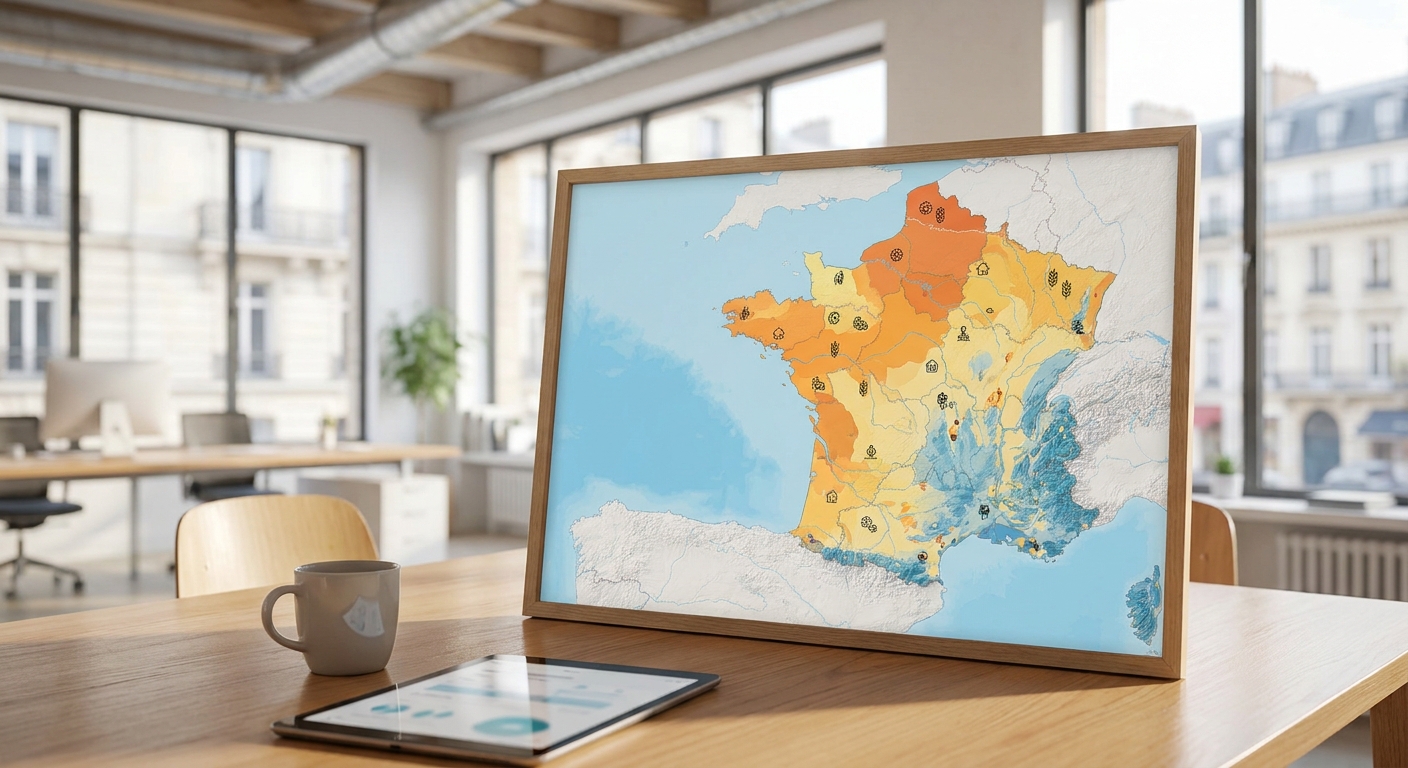 Carte de France avec variations de coûts régionales et données économiques locales.