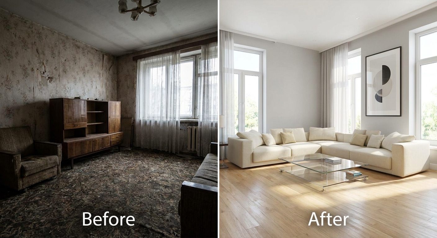 Image 'Avant/Après' d'un salon rénové, illustrant la transformation d'un projet.