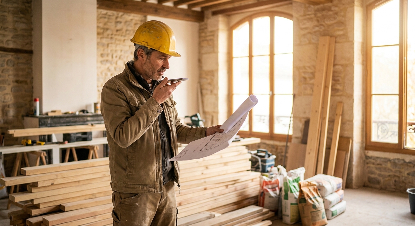 Un chef de chantier dictant des détails de rénovation dans un micro, plan à la main, sur un chantier.