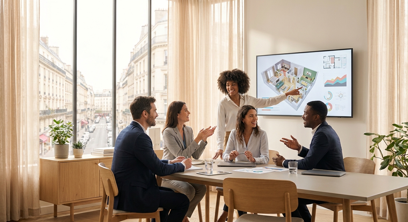 Des agents immobiliers discutant autour d'un grand écran affichant des estimations de travaux et des projections 3D.