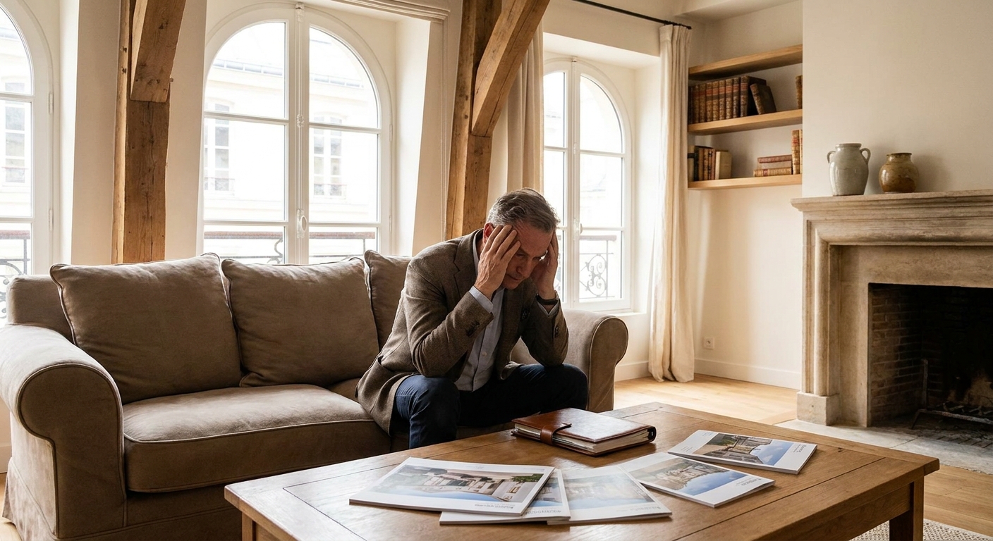Homme frustré dans un salon ancien après des visites infructueuses