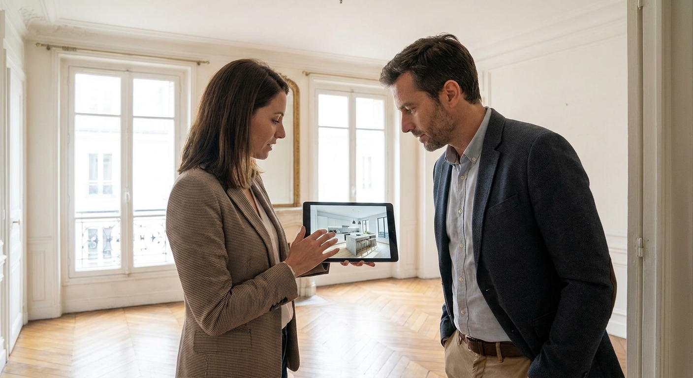 Agent immobilier présentant une visualisation 3D des travaux à un acquéreur lors d'une visite.