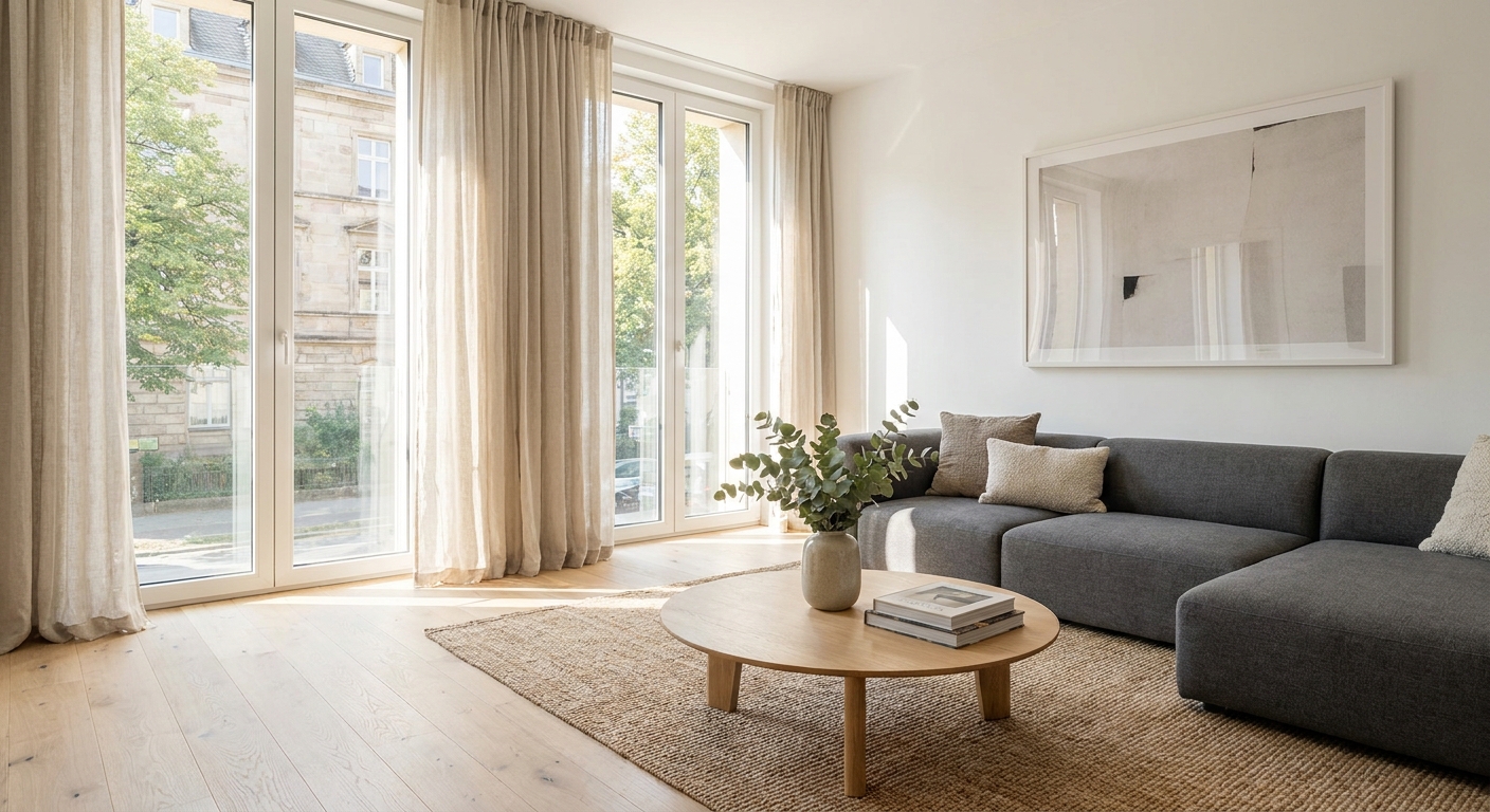 Un salon moderne et lumineux avec des murs blancs et un mobilier contemporain.