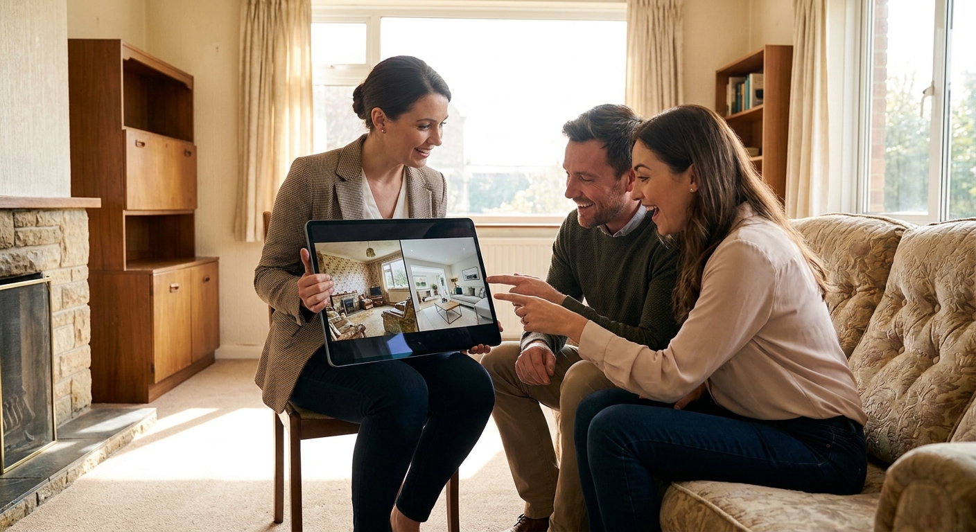 Une agente immobilière montrant à un couple une tablette avec des images avant/après rénovation.