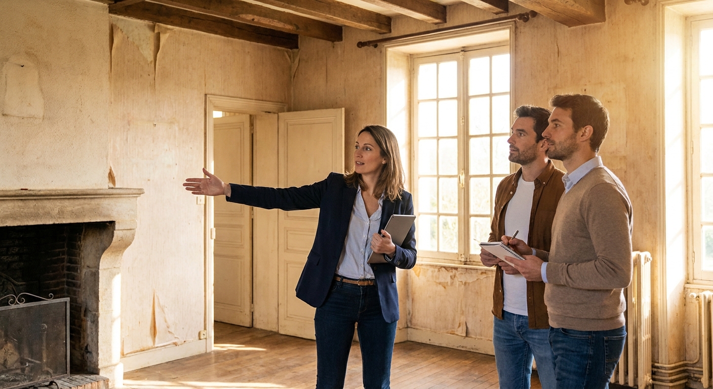 Marine, agent immobilier, montrant le potentiel d'une vieille maison à des acheteurs.
