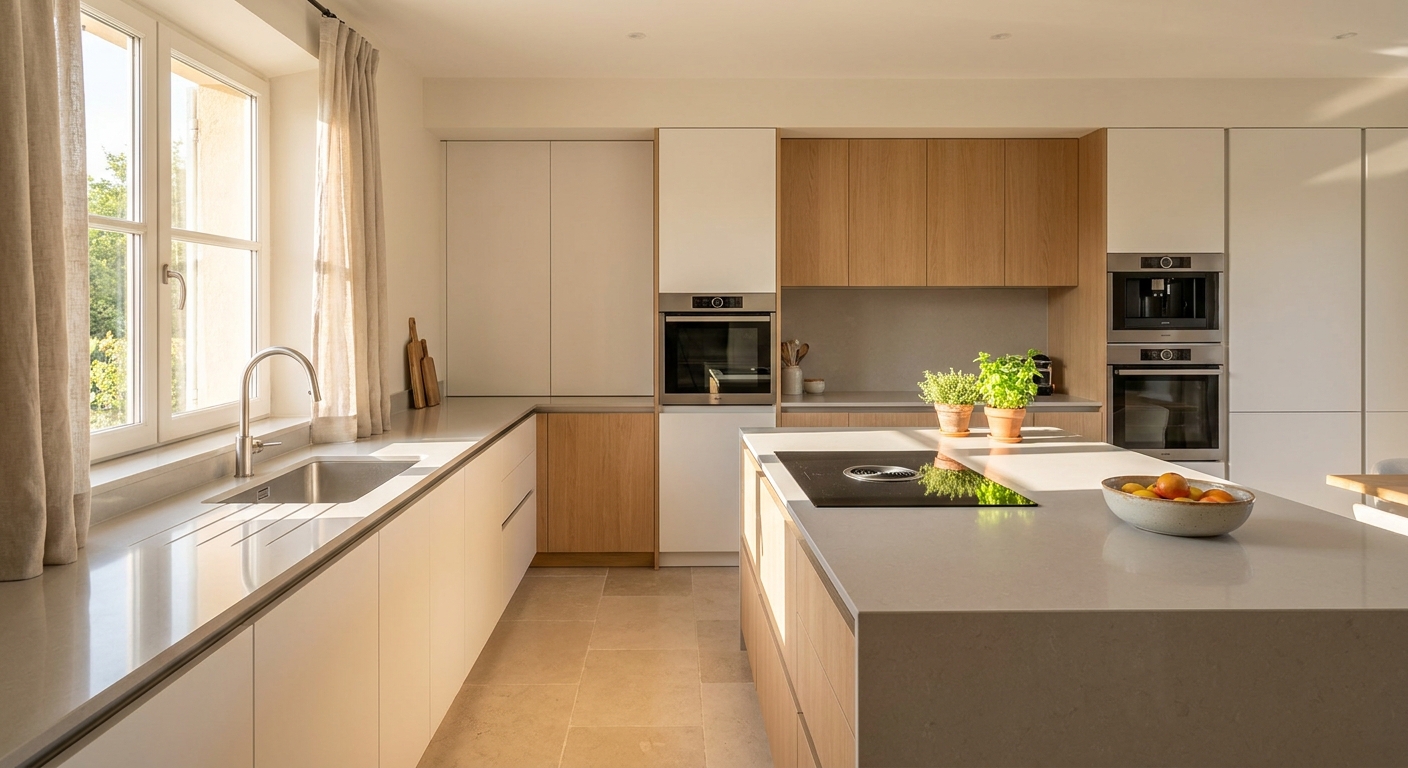Une cuisine moderne et lumineuse, fraîchement rénovée.