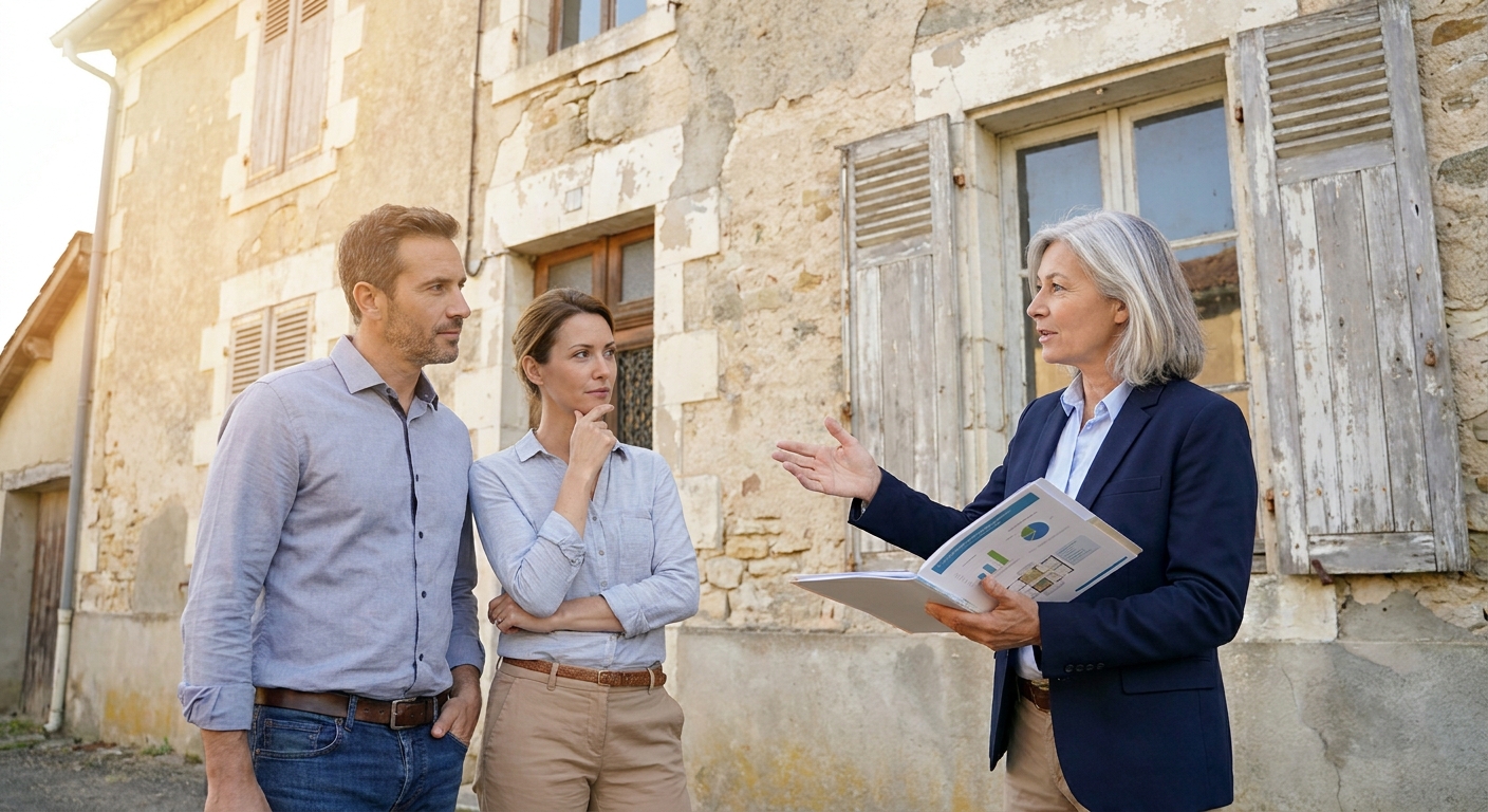Sophie, agent immobilier, expliquant les travaux énergétiques à un couple devant une maison ancienne.