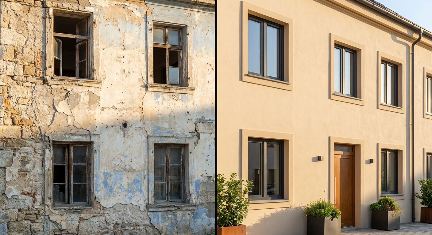 Comparaison avant/après d'une façade : une partie dégradée, l'autre rénovée et moderne.