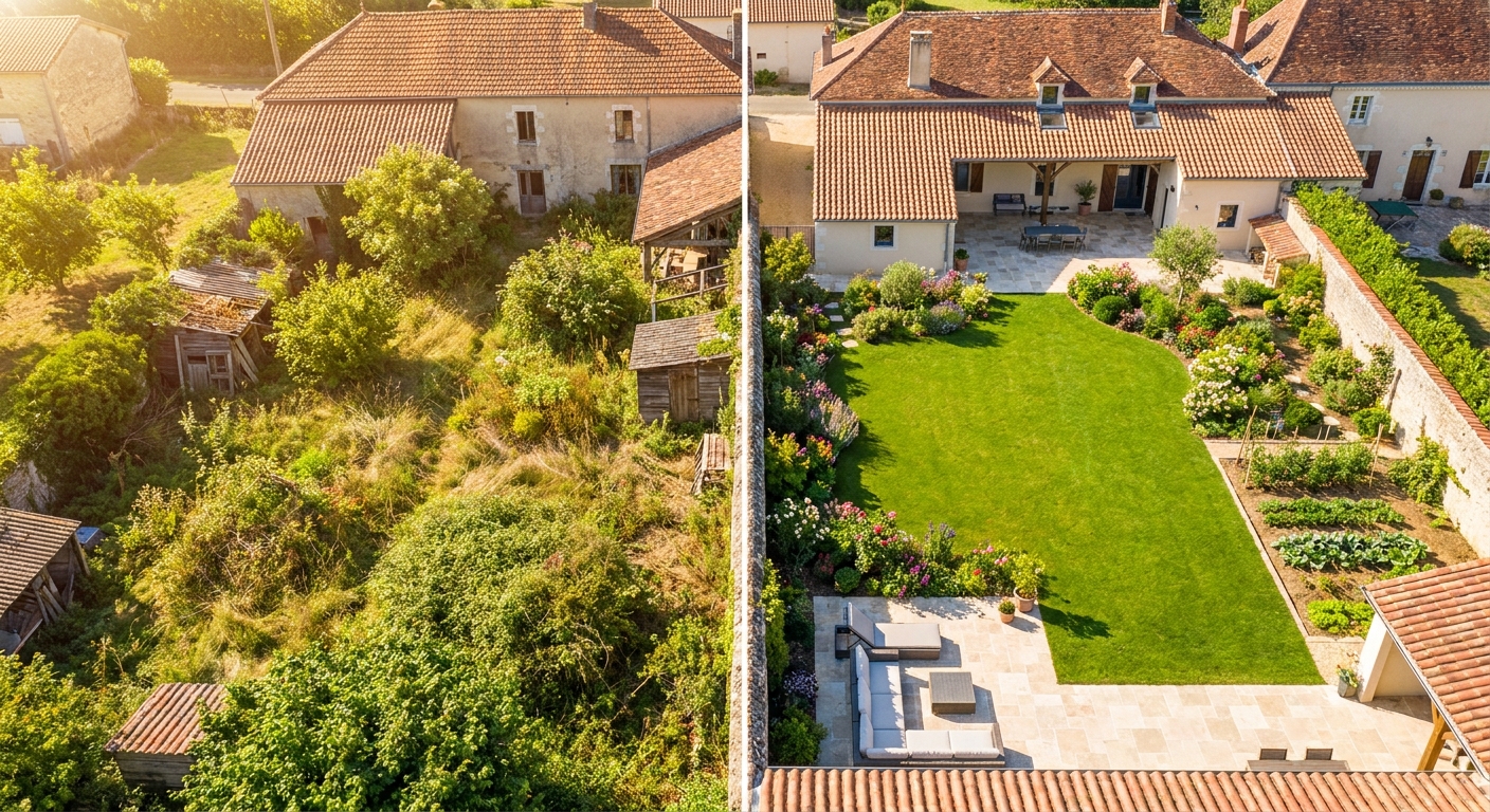 Vue aérienne comparant un jardin en friche et un jardin paysagé, propre et aménagé.