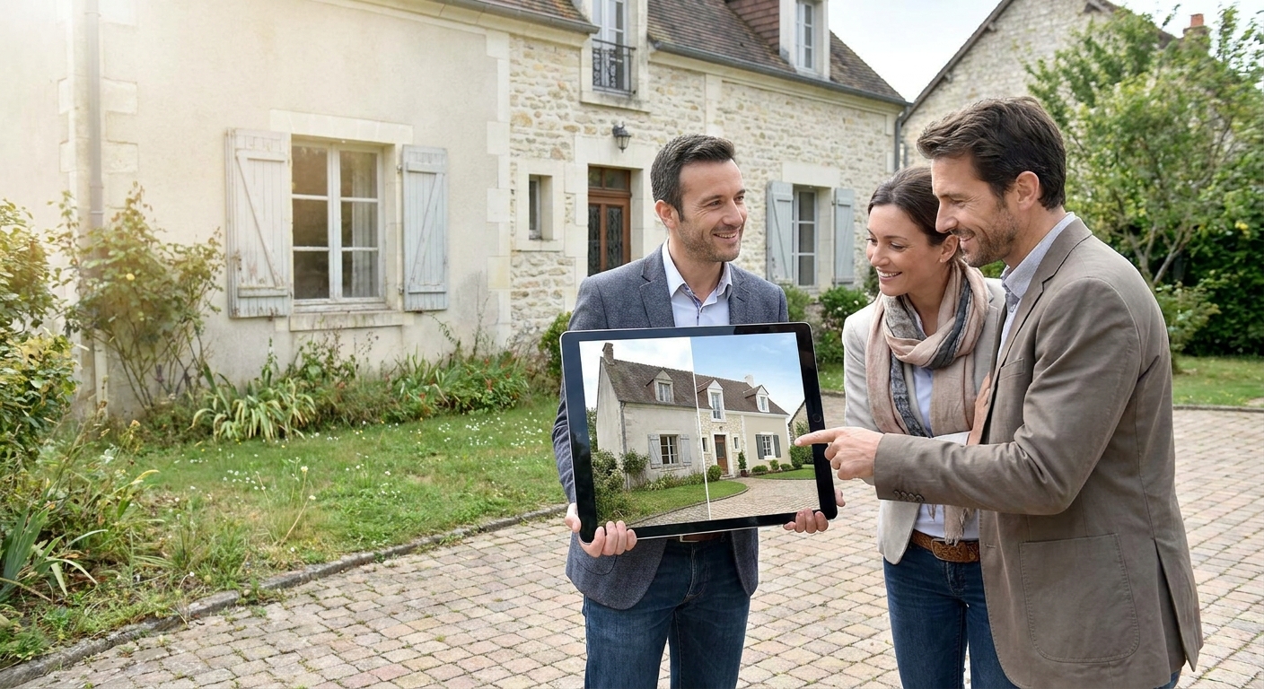 Un agent immobilier présentant sur une tablette la projection 3D d'une façade et d'un jardin rénovés à un couple.