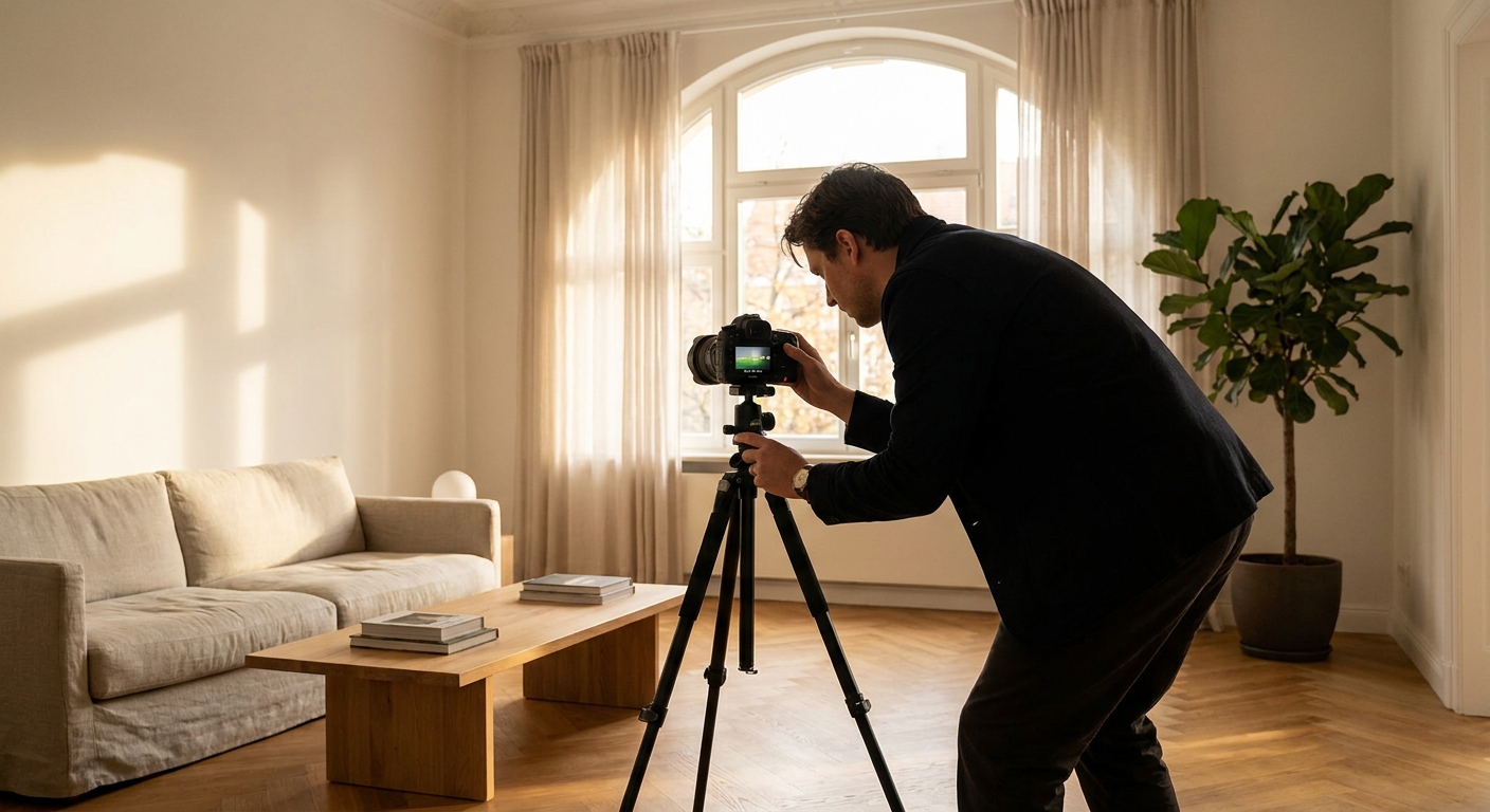 Photographe professionnel ajustant son appareil sur trépied dans un salon
