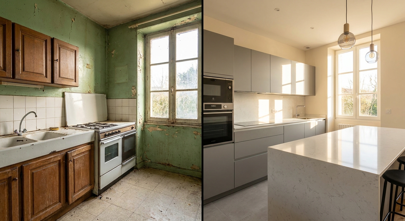 Comparaison avant/après d'une cuisine, illustrant le home staging virtuel