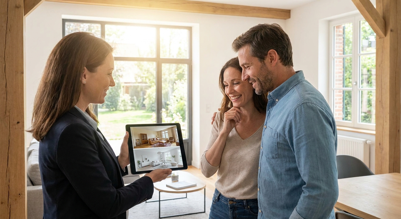 Agent immobilier montrant une projection de rénovation avant/après sur tablette à des clients