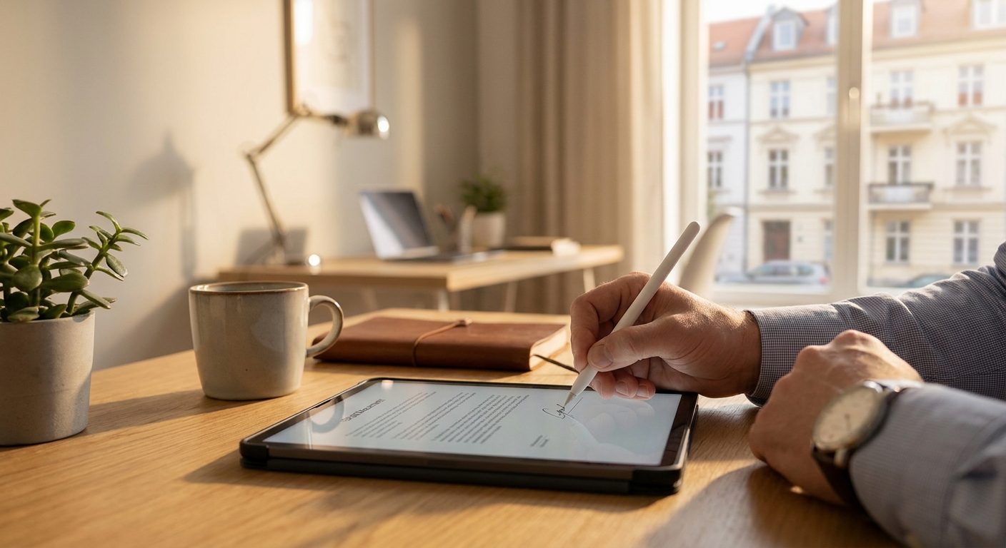 Main signant un document numérique sur une tablette