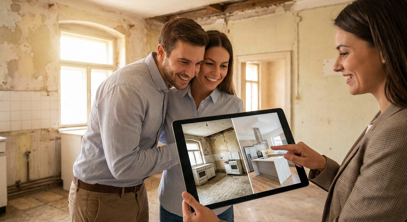 Un couple d'acquéreurs se projette avec l'aide d'une agente immobilière et des visuels "Avant/Après" de rénovation de cuisine.