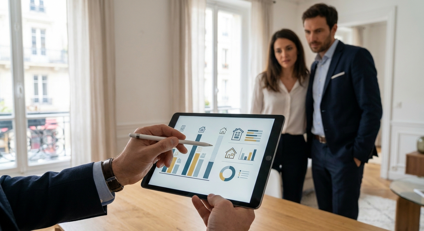 Un agent immobilier présente sur une tablette un chiffrage détaillé des travaux de rénovation à des acquéreurs.