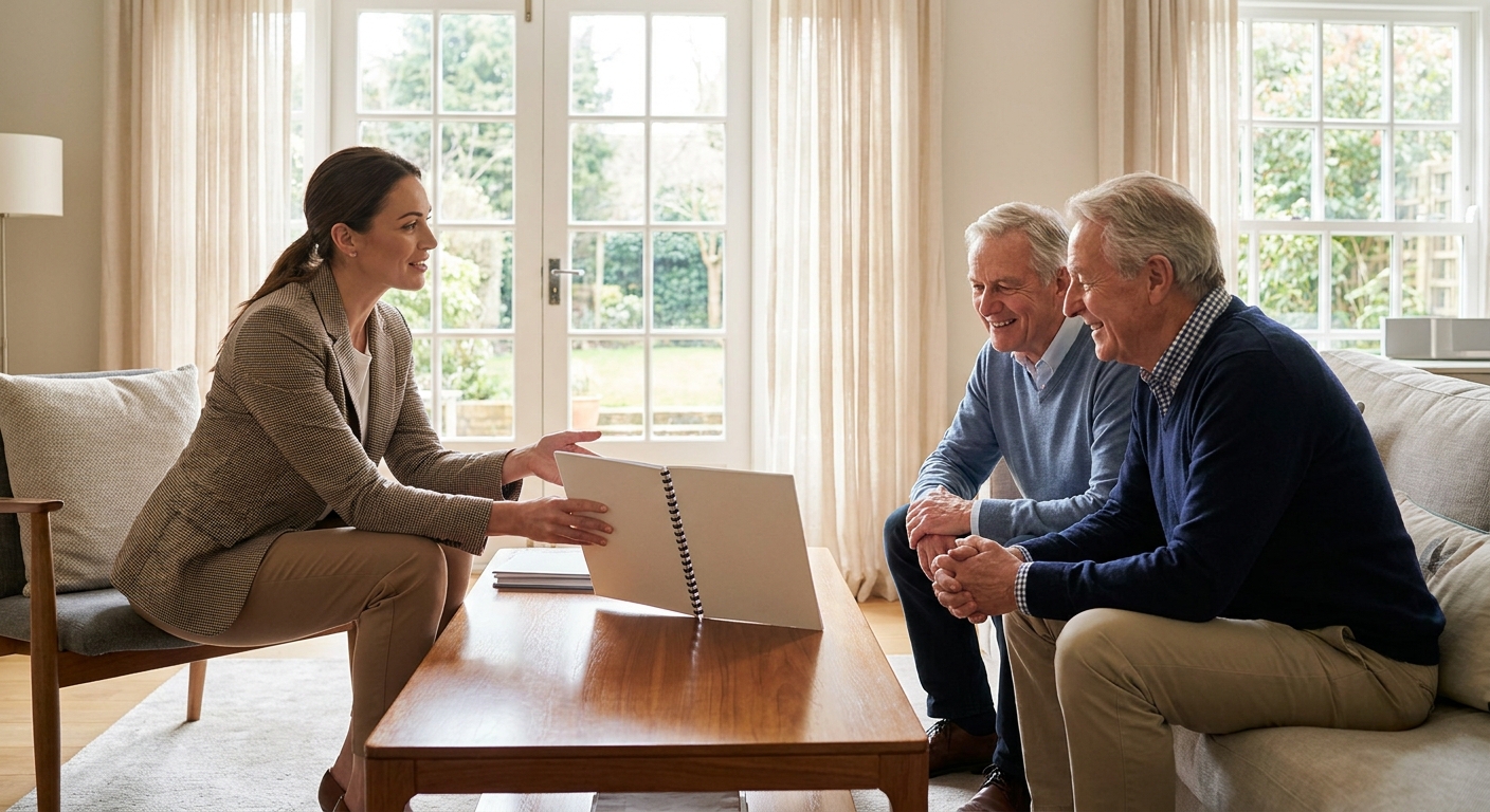 Une agente immobilière présente un rapport PDF détaillé sur les travaux à un couple de vendeurs rassurés.