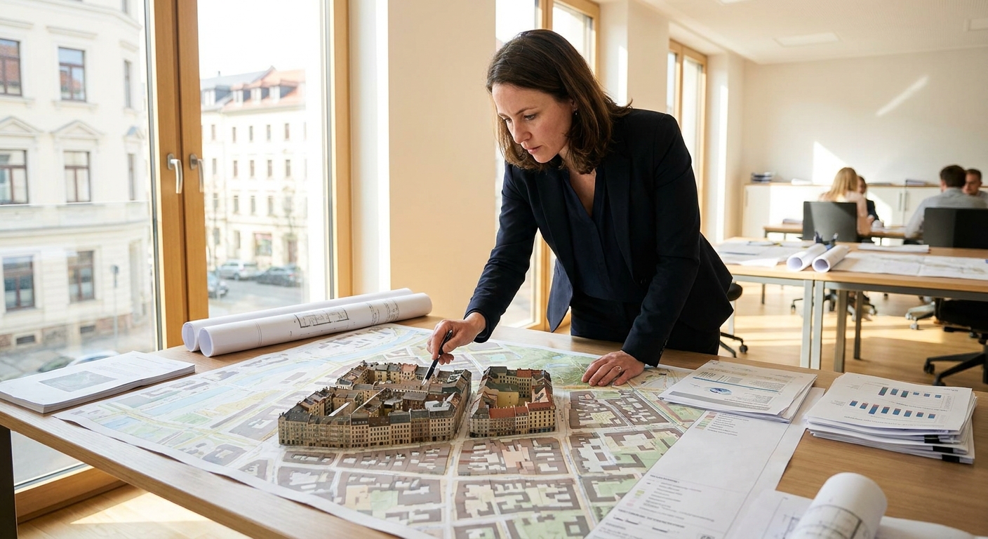 Une urbaniste examinant des plans de ville pour identifier des biens à rénover dans un bureau d'urbanisme.