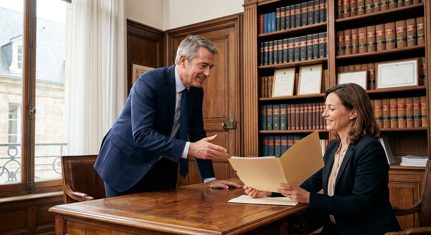 Un agent immobilier en discussion amicale avec une notaire dans son bureau, illustrant un partenariat professionnel.
