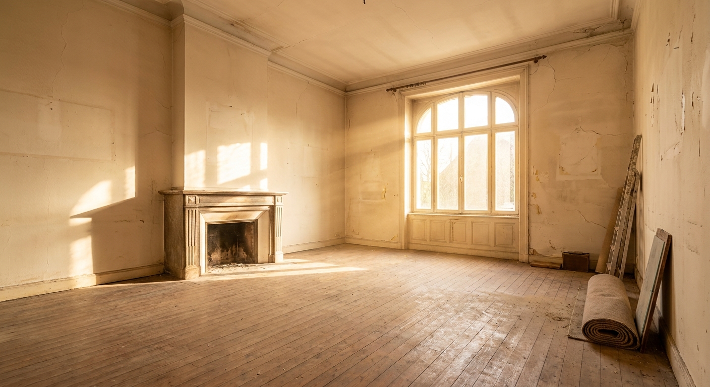 Intérieur d'un salon ancien et vide, nécessitant des rénovations, avec lumière naturelle.