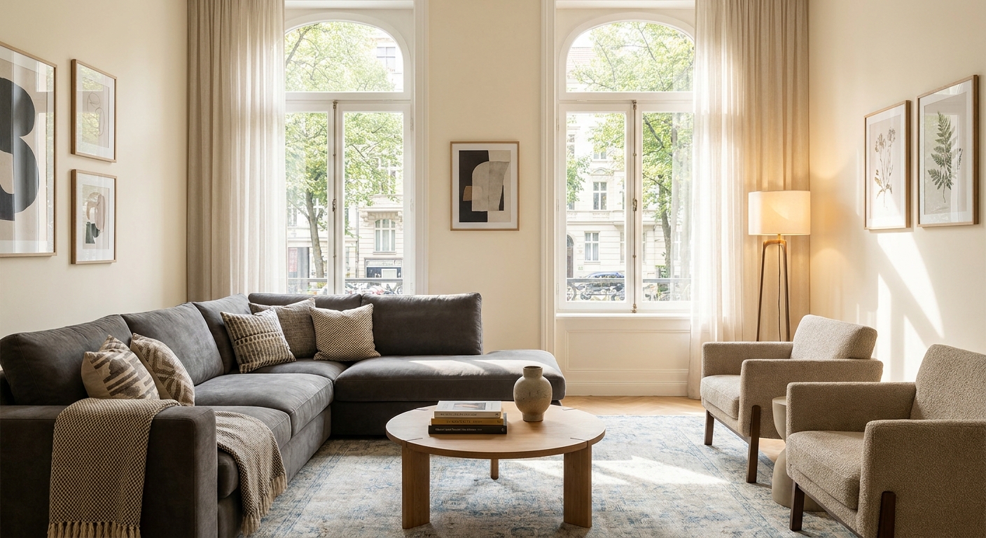 Le même salon, après home staging virtuel, aménagé avec un mobilier moderne et chaleureux.