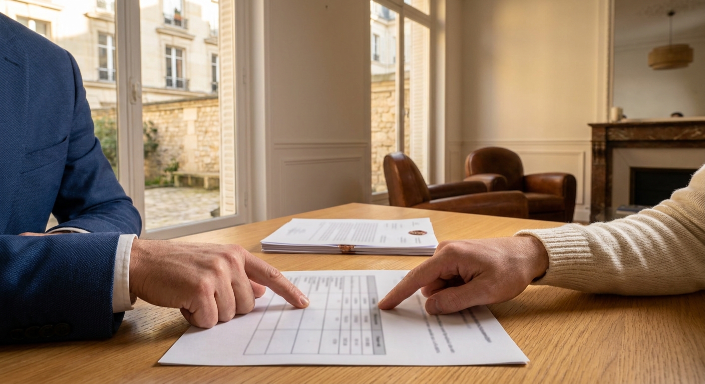 Vendeur et acquéreur examinant un document de paiement de travaux
