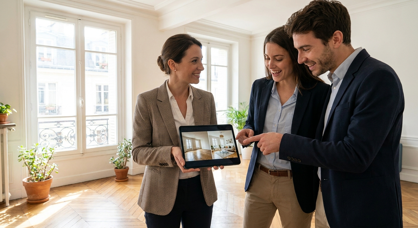 Agent montrant un home staging virtuel sur tablette à un couple