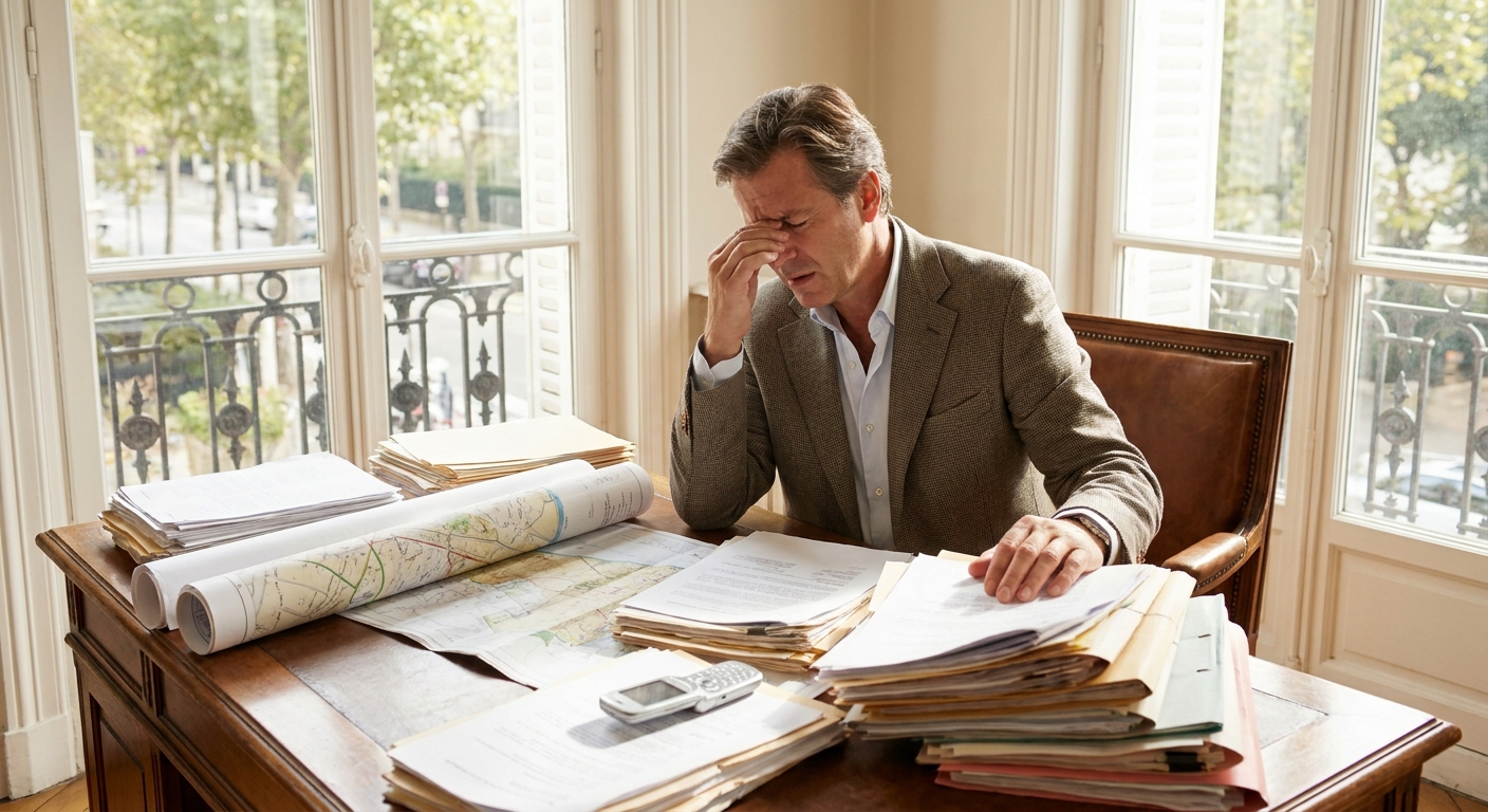 Agent immobilier frustré face à des documents papier et des cartes