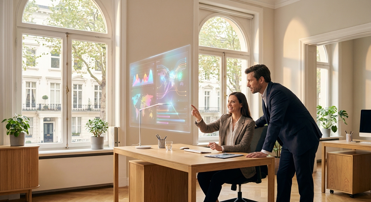 Agent immobilier interagissant avec un écran holographique affichant des données immobilières