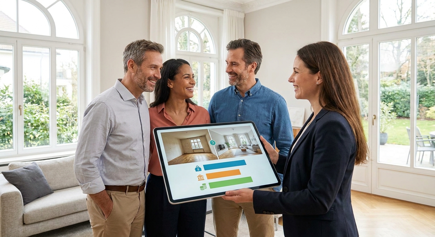 Futurs acheteurs regardant une simulation de rénovation avant/après sur une tablette avec un agent immobilier