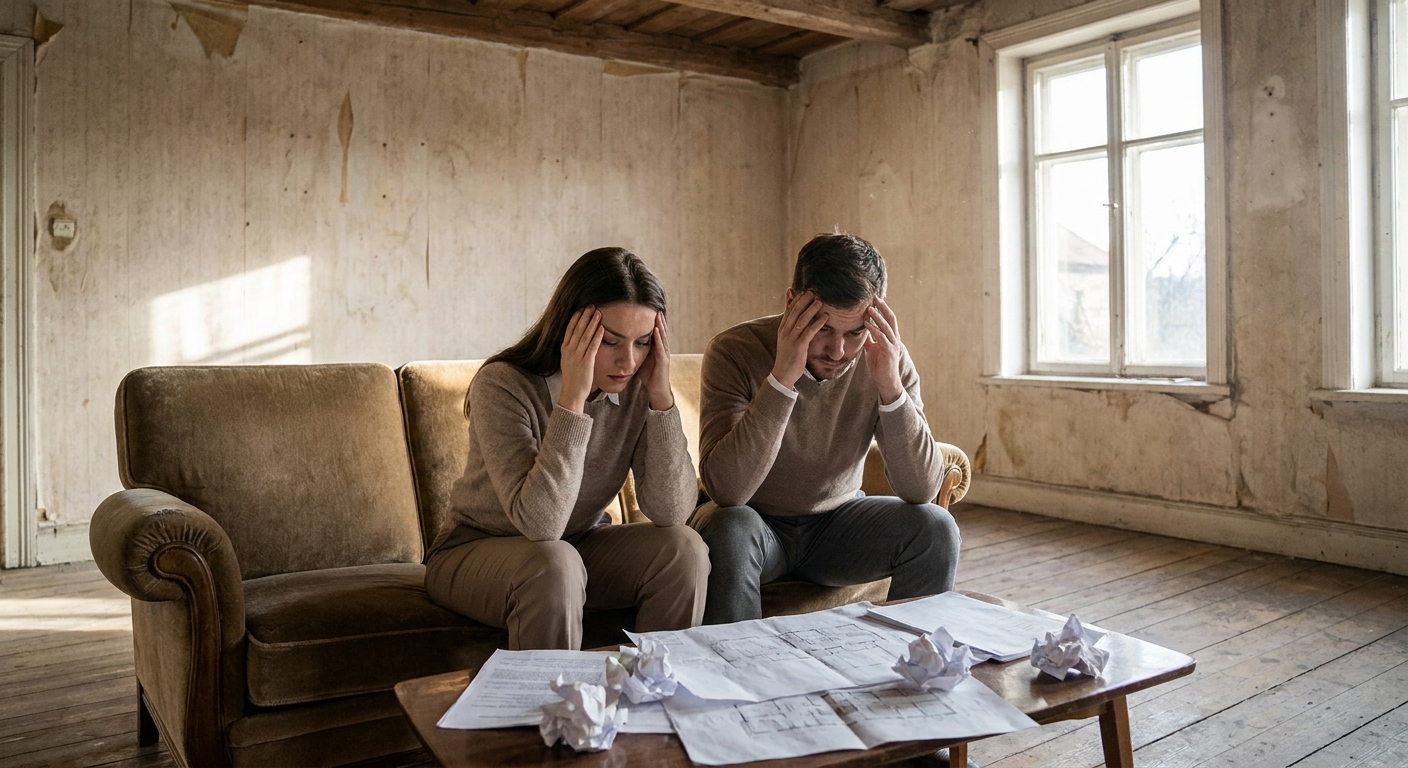 Un couple inquiet face à l'ampleur des travaux dans une vieille maison
