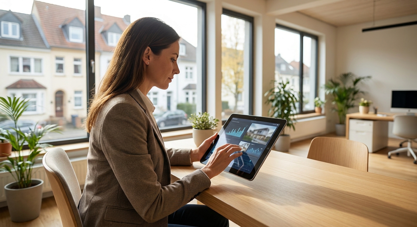 Un agent immobilier utilisant une tablette pour générer un rapport d'estimation de travaux