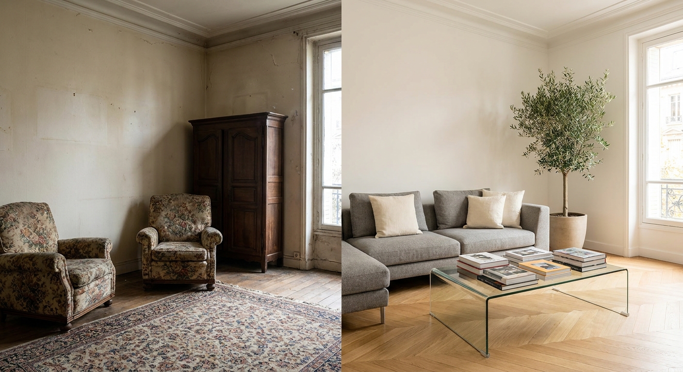 Comparaison avant/après d'un salon : à gauche ancien et défraîchi, à droite modernisé et lumineux.