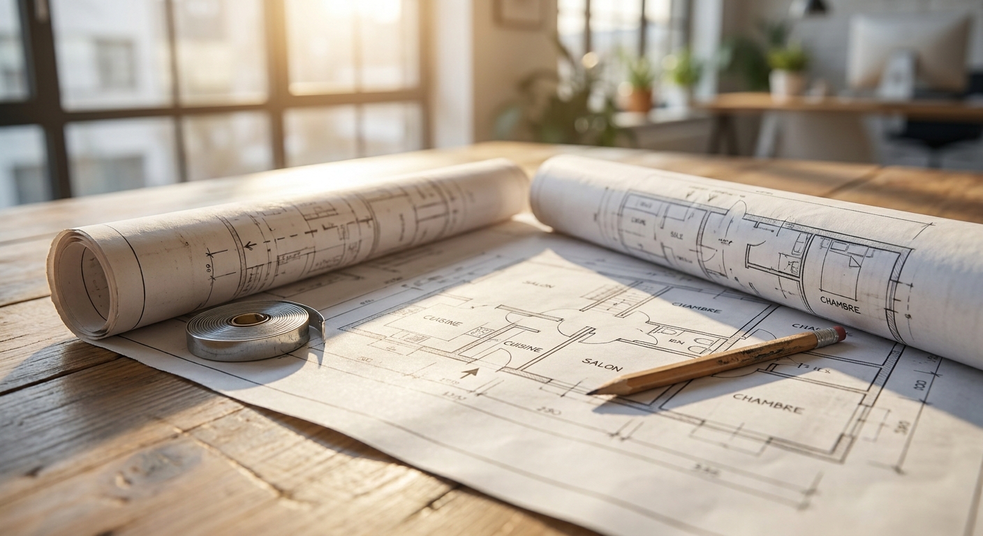 Plans d'architecte 2D sur une table avec outils de mesure