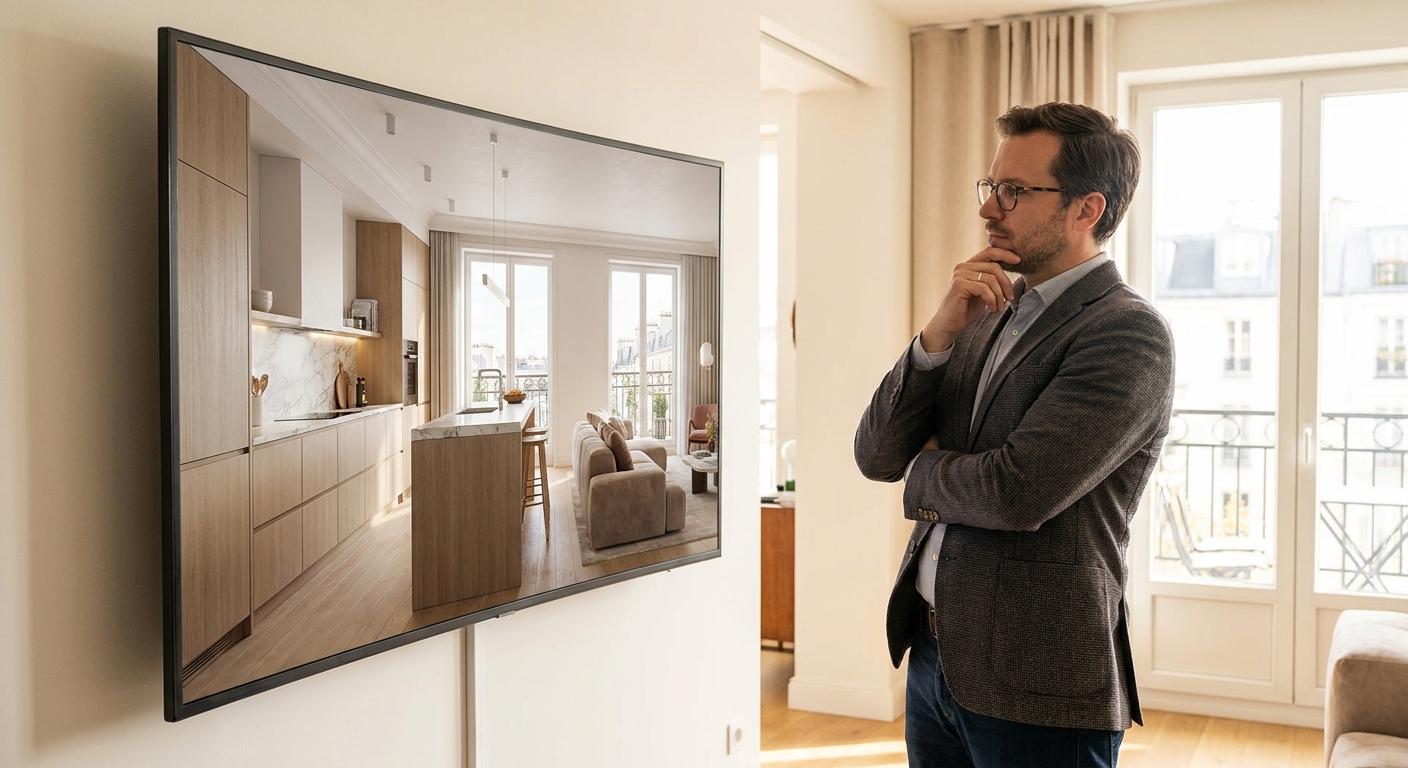Rendu 3D réaliste d'un intérieur de maison moderne sur grand écran