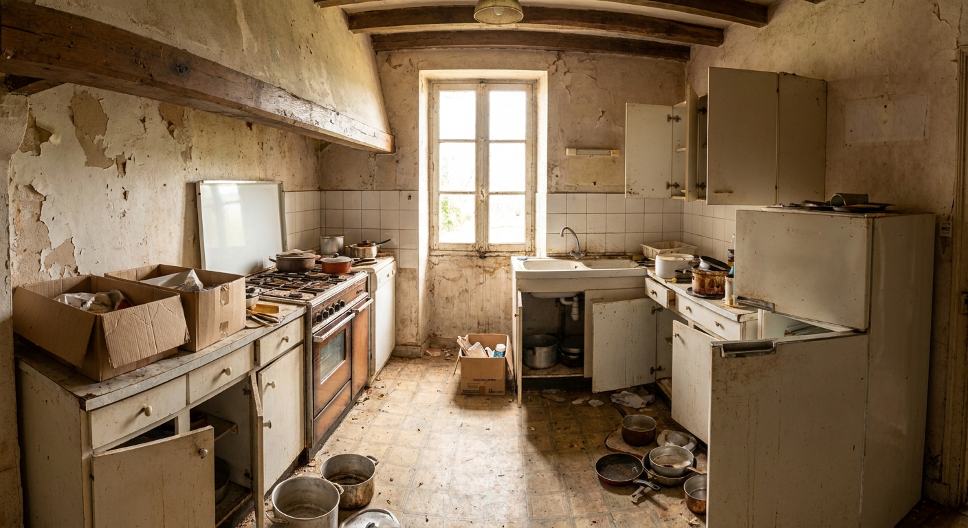 Une cuisine vétuste et sombre, typique d'un bien à rénover (avant)