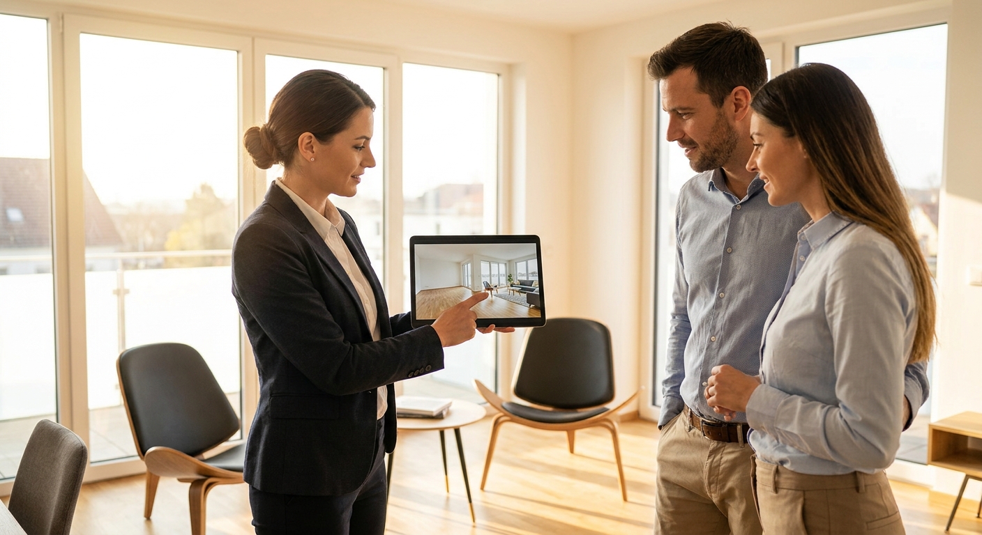 Un agent immobilier montrant des visuels avant/après de home staging virtuel sur une tablette à des clients