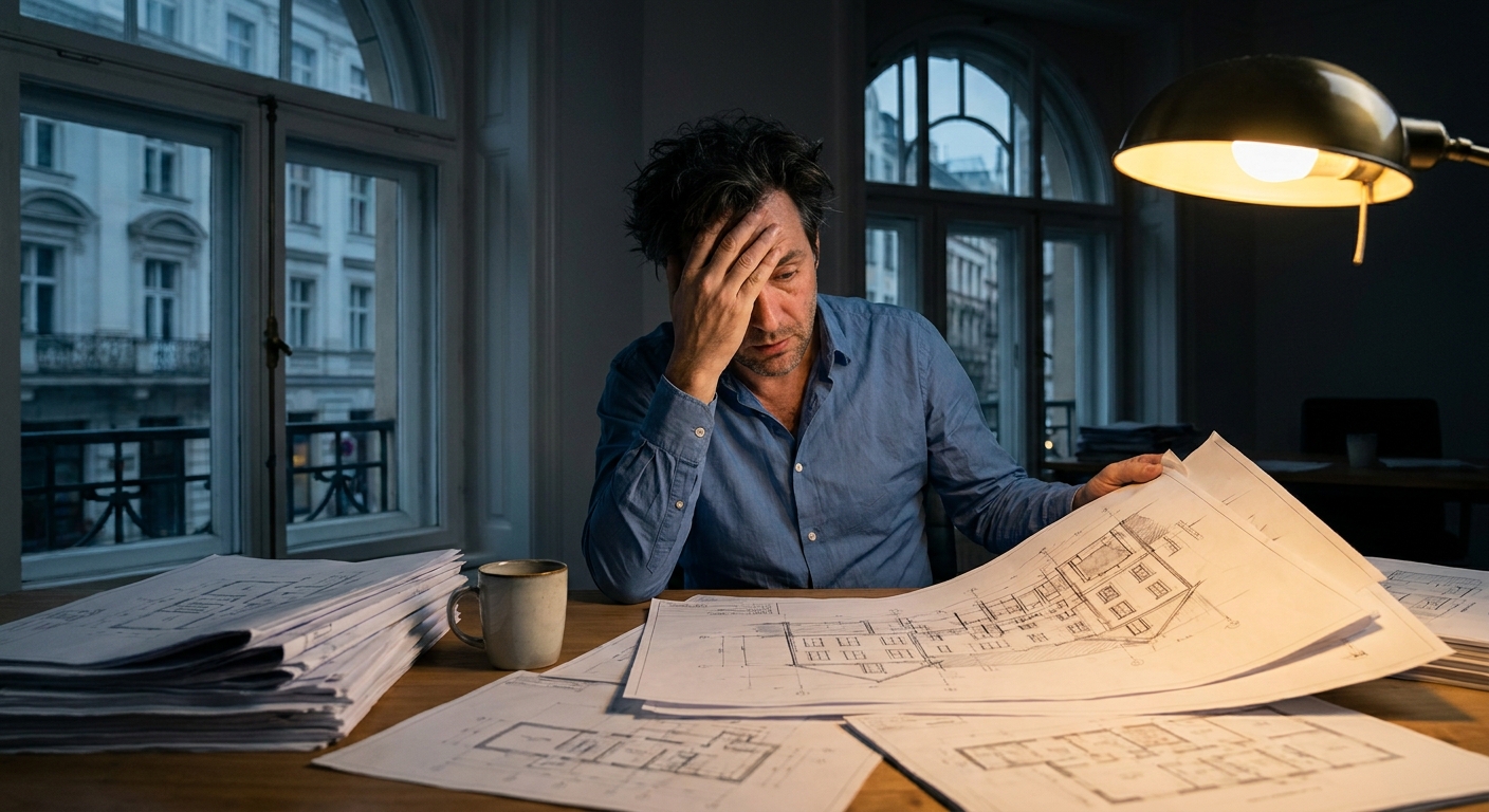 Un agent immobilier fatigué, entouré de papiers, essayant de dessiner un plan de rénovation tard le soir.