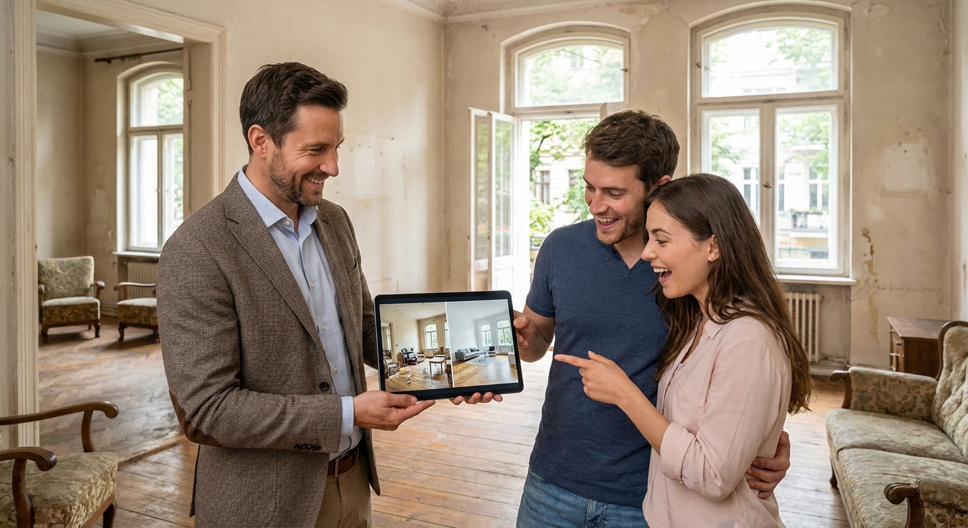 Un agent immobilier montrant avec enthousiasme une projection avant/après de rénovation à un couple sur une tablette.