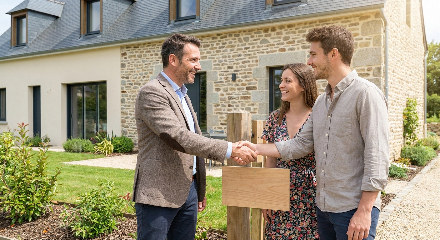 Un agent immobilier serrant la main d'un couple heureux devant une maison rénovée avec un panneau 'Vendu'.