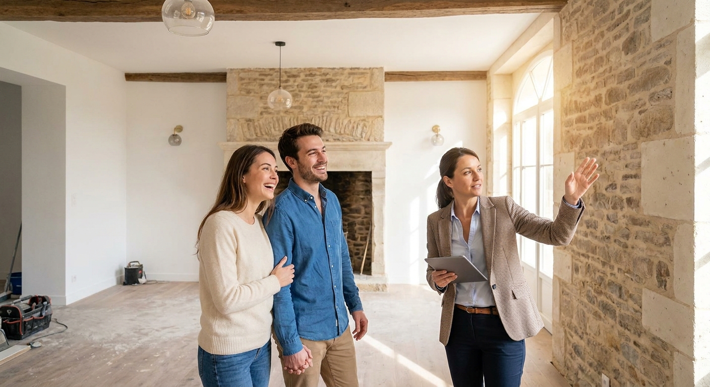 Jeune couple souriant discutant avec un agent immobilier dans un salon en cours de rénovation, l'agent montrant un mur avec une tablette.